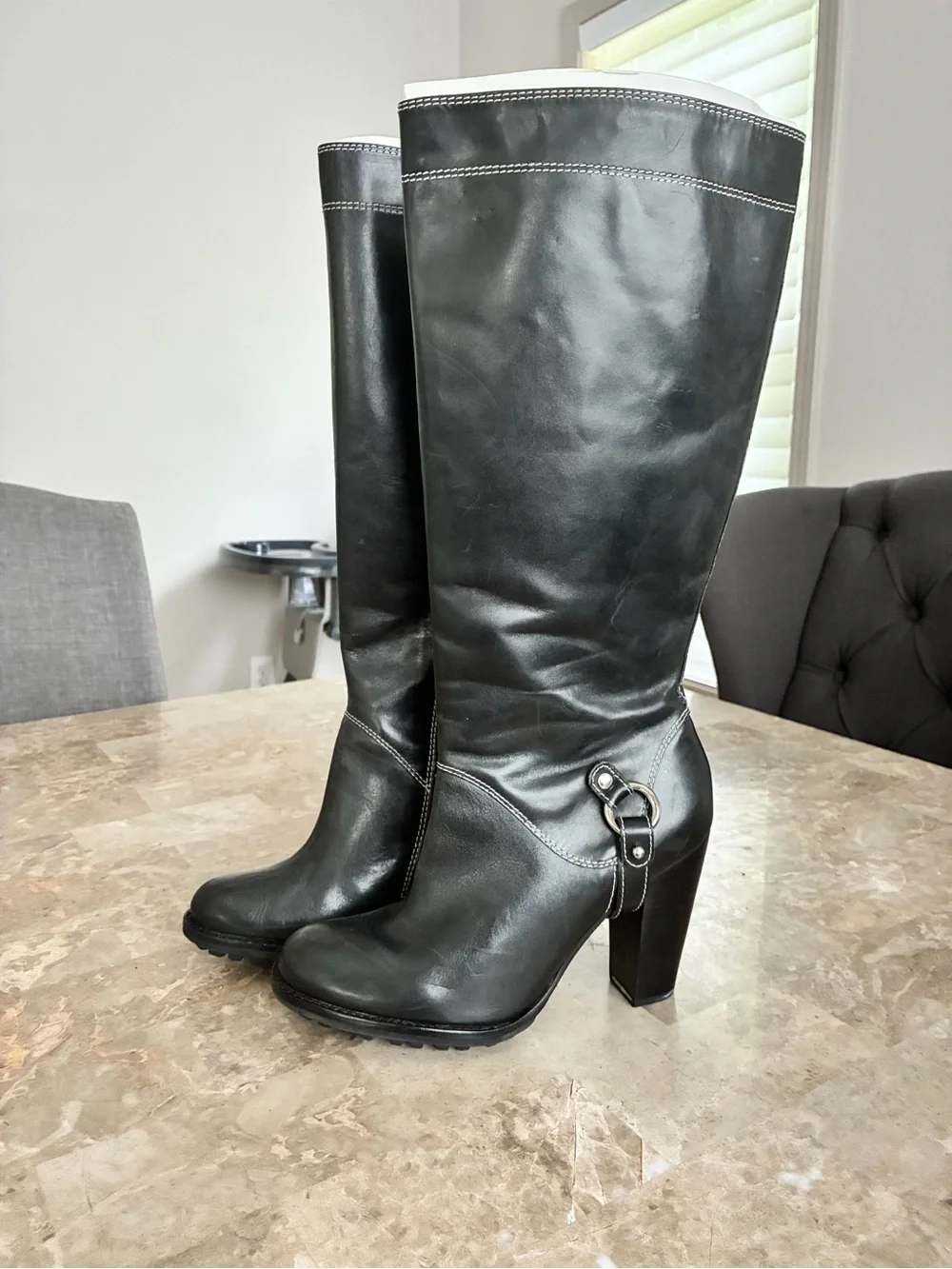 Michael Kors Black Leather Tall Heeled Riding Boots with Silver Accent